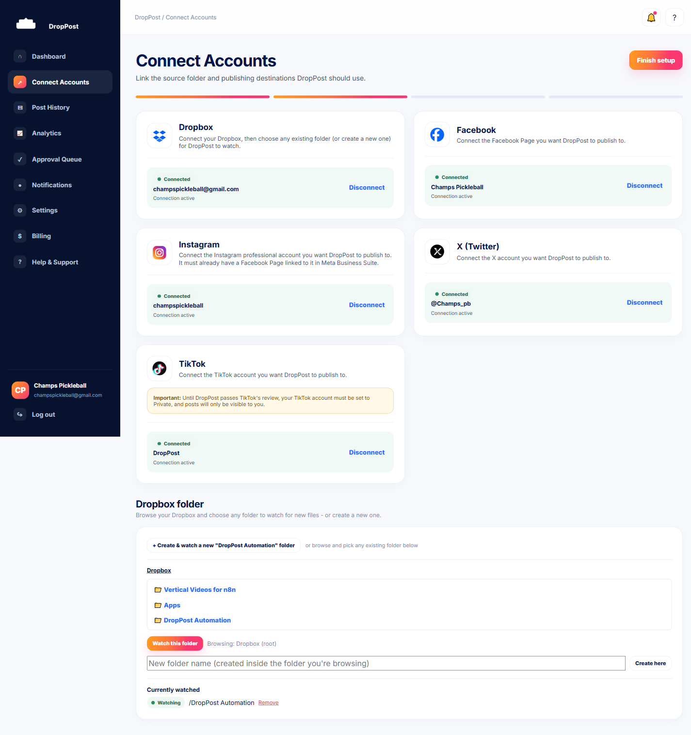 DropPost Connect Accounts page with platform connection cards