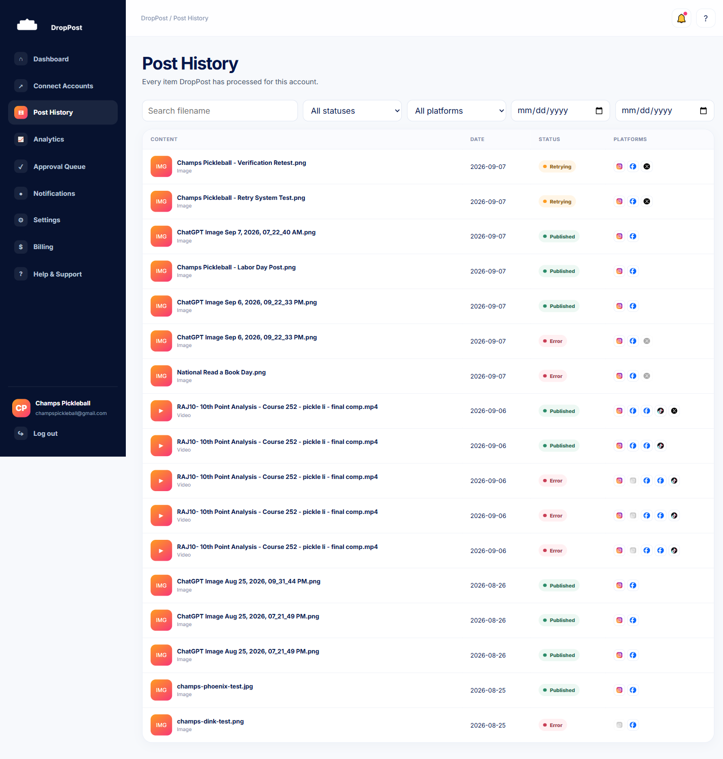 DropPost Post History table with filename, date, status, and platform columns