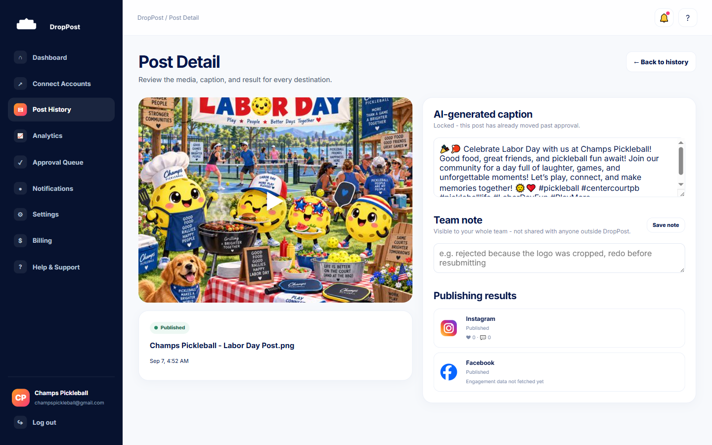DropPost Post Detail page showing a published post with a live link for each platform