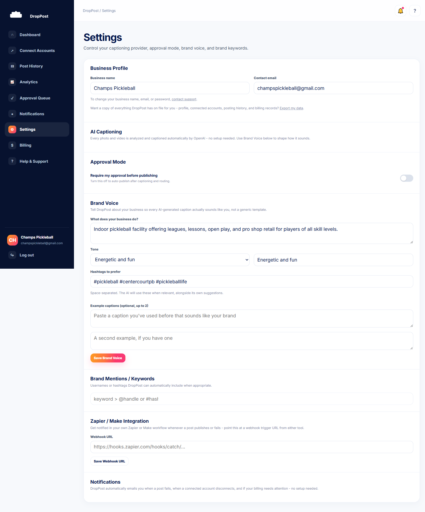DropPost Settings page showing the Approval Mode toggle